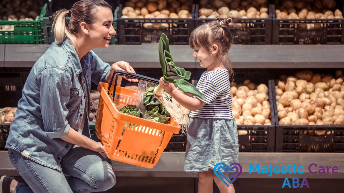 In an ABA therapy context, a mother beams with joy as her young daughter helps her in the grocery store.