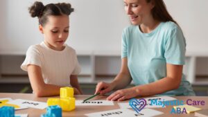 In an ABA therapy session, a young girl receives instruction for a puzzle lesson in a quiet, focused moment.