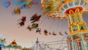 A spinning amusement park ride in fast motion, blurred against the dark sky, represents visual sensory issues in autism.