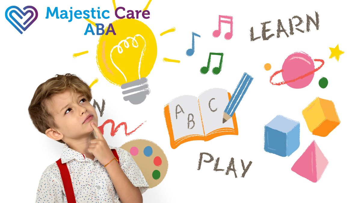 A young boy looks up thoughtfully as various illustrated words and images appear above him, representing his thoughts during an ABA therapy for kids session.