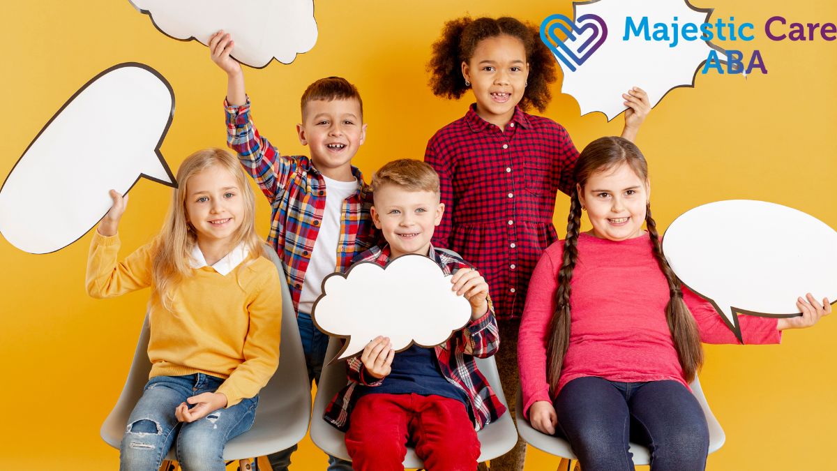 Children engaging in ABA therapy, practicing social skills through friendly conversation and positive interaction.