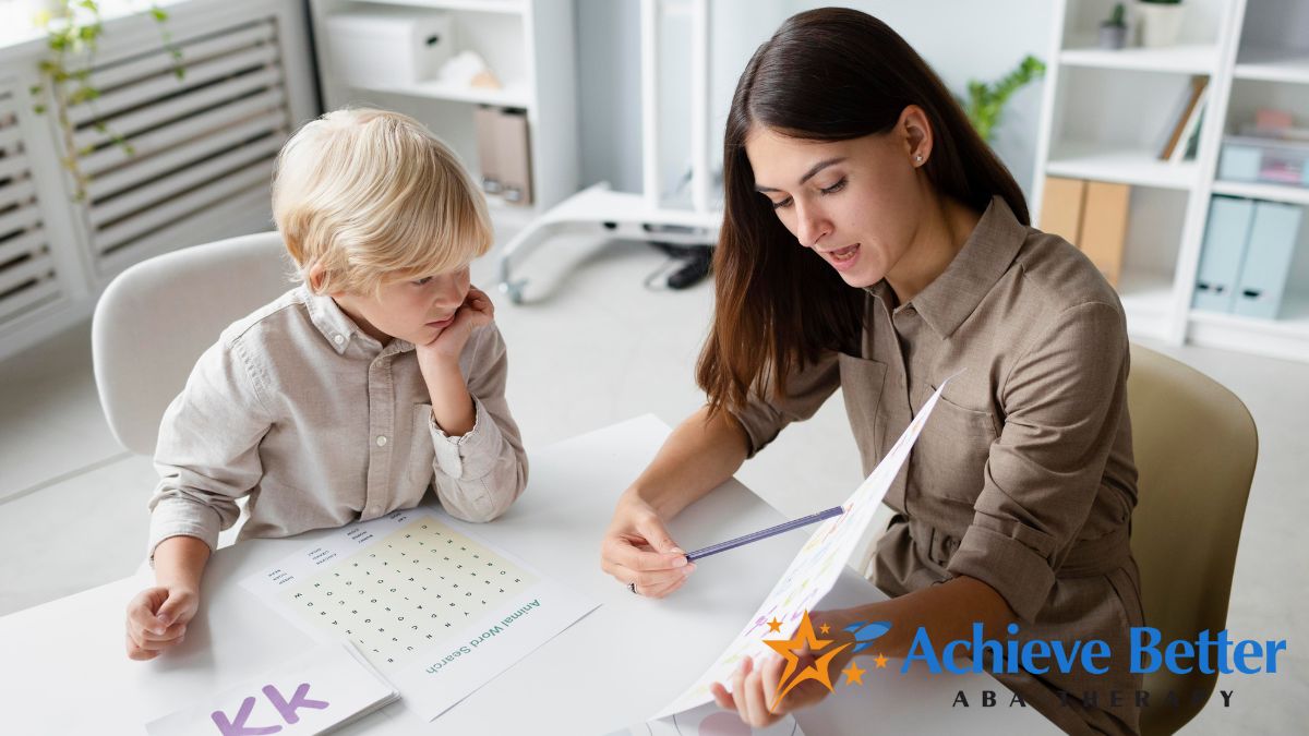 Child participating in an initial ABA assessment while receiving structured guidance from a therapist.